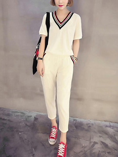 White Loose Linking Stripe Two Piece Pants V Neck Jumpsuit for Casual Party Sporty