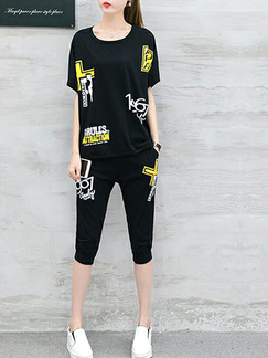 Black Loose Contrast Pattern Harlen Two Piece Pants Jumpsuit for Casual Sporty