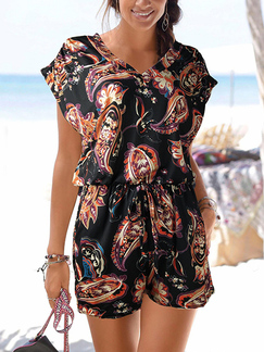 Black Colorful Loose Printed Wide-Leg Band V Neck Plus Size Jumpsuit for Casual Party Beach