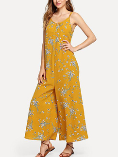 Yellow Loose Printed Wide-Leg Slip Jumpsuit for Casual