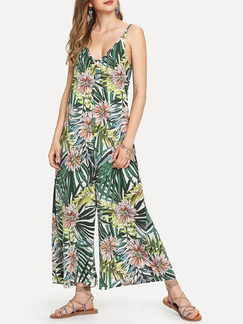 Colorful Loose Printed Wide-Leg Slip Tropical Jumpsuit for Casual