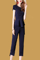 Dark Blue Slim Plus Size Bead Buckled Nine pants Zipped Furcal Pocket Two Piece Pants Jumpsuit for Casual Office Party