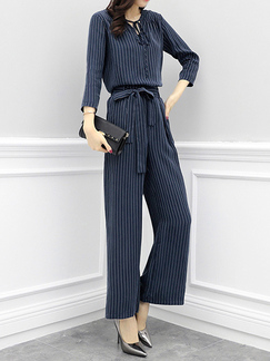 Navy Blue and White Stripe Plus Size Band Linking Nine Pants Wide Leg Furcal Long Sleeve Jumpsuit for Casual Office