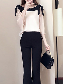 White and Black Slim Linking Contrast Boat Neck Butterfly Knot   Jumpsuit for Casual Party Office