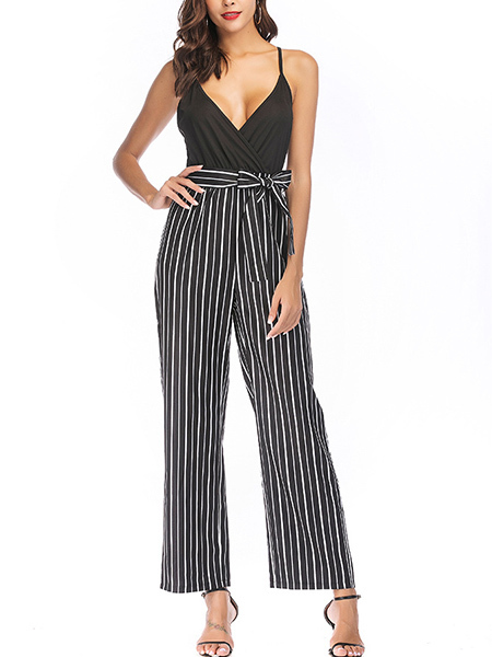 Black and White Sling V Neck Linking Stripe Pants Plus Size Slim Jumpsuit for Party Evening Cocktail Semi Formal