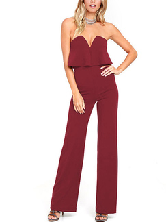 Wine Red Plus Size Slim V Neck Strapless Off-Shoulder Open Back Ruffled Pants Jumpsuit for Party Evening Cocktail