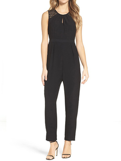 Black Plus Size Slim Lace Linking Cutout Open Back Cutout Neck Pants Jumpsuit for Party Evening Cocktail