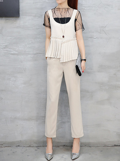 Beige Slim Pleated Sling Mesh Nine Pants Pocket Three Piece Jumpsuit for Casual Party Office Evening