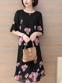 Black and Pink Plus Size Loose Wide Leg Chiffon Printed Ruffled Furcal Two Piece Shorts Jumpsuit for Casual