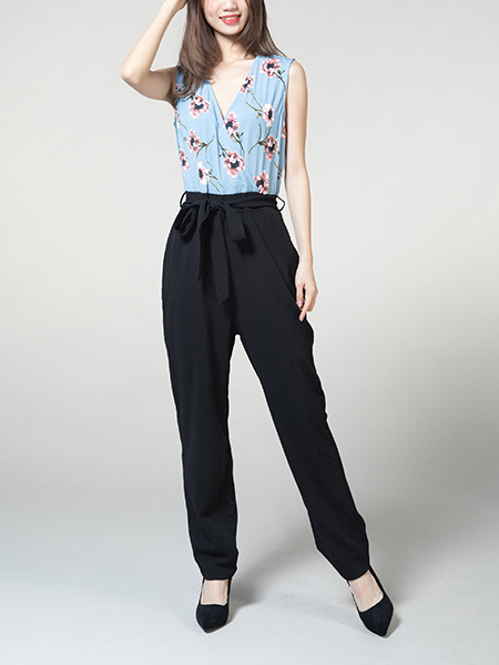 Blue and Black Jumpsuit Slim Zipped Pocket Placket Front Printed Band Belt Jumpsuit for Casual Party Office