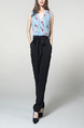 Blue and Black Jumpsuit Slim Zipped Pocket Placket Front Printed Band Belt Jumpsuit for Casual Party Office