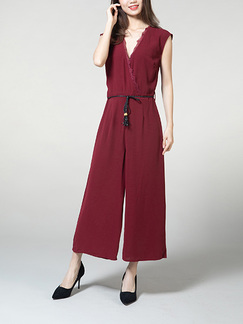 Wine red Plus Size Jumpsuit V Neck Rear collar opening Laced Zipped Wide leg Jumpsuit for Casual Party