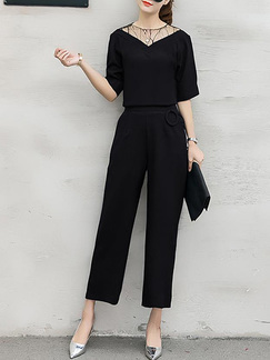 Black Plus Size Slim Mesh Adjustable Waist Two-Piece  Jumpsuit for Casual Party Office Evening