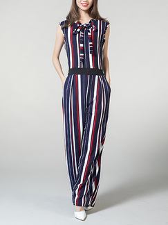 Blue White and Red  Plus Size Loose Jumpsuit Ribbon Stripe Pocket Jumpsuit for Casual