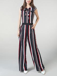 Black White and Red  Plus Size Loose Jumpsuit Ribbon Stripe Pocket Jumpsuit for Casual