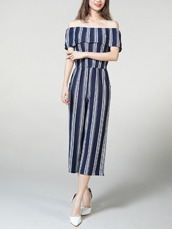 Blue and White Boat Neck Jumpsuit Stripe Elastic Pocket Straight Jumpsuit for Casual Party