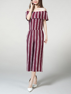 Wine red and White Boat Neck Jumpsuit Stripe Elastic Pocket Straight Jumpsuit for Casual Party