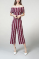 Wine red and White Boat Neck Jumpsuit Stripe Elastic Pocket Straight Jumpsuit for Casual Party