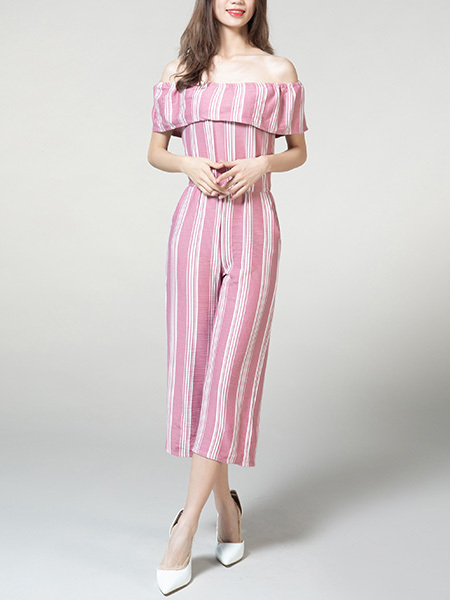 Pink and White Boat Neck Jumpsuit Stripe Elastic Pocket Straight Jumpsuit for Casual Party