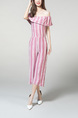 Pink and White Boat Neck Jumpsuit Stripe Elastic Pocket Straight Jumpsuit for Casual Party