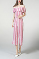 Pink and White Boat Neck Jumpsuit Stripe Elastic Pocket Straight Jumpsuit for Casual Party