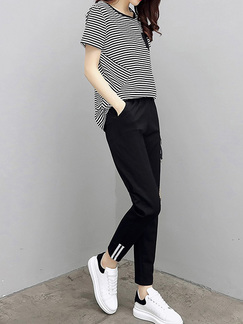 Black and White Round Neck Stripe Linking Adjustable Waist Nine pants Pocket Plus Size Two Piece Jumpsuit for Casual Sporty