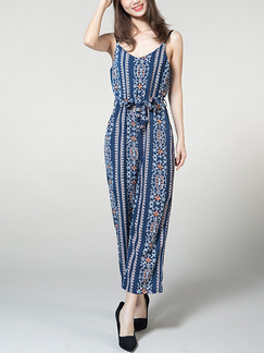 Blue and Colorful Sling Stripe Chiffon Printed Band Belt  Adjustable Waist Jumpsuit Jumpsuit for Casual Party