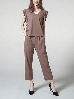 Coffee Slim V Neck Ruffled Adjustable Waist Pocket Cropped trousers Two Piece Jumpsuit for Casual Party Office