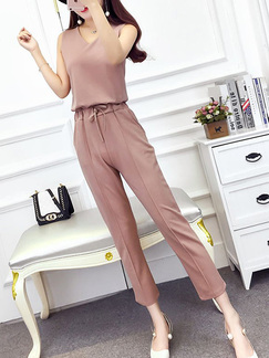 Pink V Neck Slim Adjustable Waist Open Back Cropped trousers Two Piece Jumpsuit for Casual Party Office Evening
