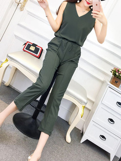 Olive green V Neck Slim Adjustable Waist Open Back Cropped trousers Two Piece Jumpsuit for Casual Party Office Evening