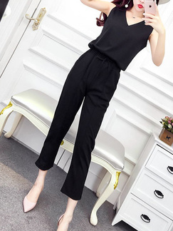 Black V Neck Slim Adjustable Waist Open Back Cropped trousers Two Piece Jumpsuit for Casual Party Office Evening