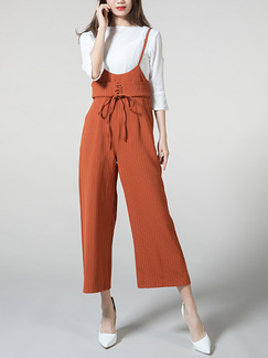 White and Orange Plus Size Sling Stretch T-shirt Flare Sleeve Band Belt Stripe Wide leg Pocket Two Piece Jumpsuit for Casual Party
