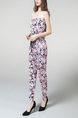 Pink and Colorful Boat Neck Strapless Elastic Drawstring Printed Jumpsuit Jumpsuit for Casual Party Beach