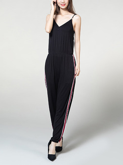 Black and Red Sling Tight V Neck Buckled Open Back Linking Stripe Jumpsuit Jumpsuit for Casual Party