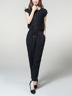 Black Round Neck Placket Front Single-breasted Adjustable Waist Pocket Drawstring Jumpsuit for Casual Party