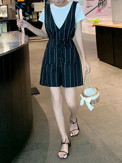 Black and White Loose Slim V Neck Stripe Drawstring Wide leg Pocket Two Piece Jumpsuit for Casual Party
