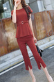 Red Loose Slim Round Neck Pleat Linking Band Belt Cropped trousers Furcal Two Piece Jumpsuit for Casual Party Office