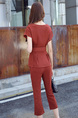 Red Loose Slim Round Neck Pleat Linking Band Belt Cropped trousers Furcal Two Piece Jumpsuit for Casual Party Office