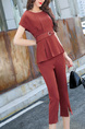 Red Loose Slim Round Neck Pleat Linking Band Belt Cropped trousers Furcal Two Piece Jumpsuit for Casual Party Office