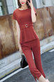 Red Loose Slim Round Neck Pleat Linking Band Belt Cropped trousers Furcal Two Piece Jumpsuit for Casual Party Office