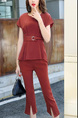 Red Loose Slim Round Neck Pleat Linking Band Belt Cropped trousers Furcal Two Piece Jumpsuit for Casual Party Office
