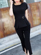 Black Loose Slim Round Neck Pleat Linking Band Belt Cropped trousers Furcal Two Piece Jumpsuit for Casual Party Office