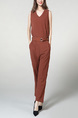Brown Slim V Neck Zipped Adjustable Waist Band Belt Pocket  Jumpsuit for Casual Party Office