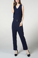 Navy Blue Slim V Neck Zipped Adjustable Waist Band Belt Pocket Jumpsuit for Casual Party Office
