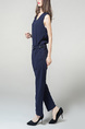 Navy Blue Slim V Neck Zipped Adjustable Waist Band Belt Pocket Jumpsuit for Casual Party Office