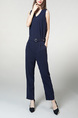 Navy Blue Slim V Neck Zipped Adjustable Waist Band Belt Pocket Jumpsuit for Casual Party Office