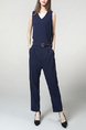 Navy Blue Slim V Neck Zipped Adjustable Waist Band Belt Pocket Jumpsuit for Casual Party Office