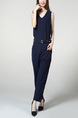 Navy Blue Slim V Neck Zipped Adjustable Waist Band Belt Pocket Jumpsuit for Casual Party Office