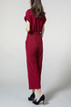 Wine red Loose V Neck Cutout Adjustable Waist Pocket Two Piece Jumpsuit for Casual Party Office