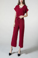 Wine red Loose V Neck Cutout Adjustable Waist Pocket Two Piece Jumpsuit for Casual Party Office